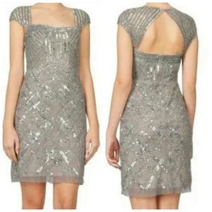 Adrianna Papell Platinum illusion Beaded Dress NEW